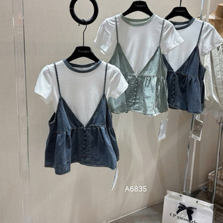 QCL1 6835 Áo thun cộc cổ tròn phối viền mix yếm jeans siêu hot siêu xinh(Freesize)