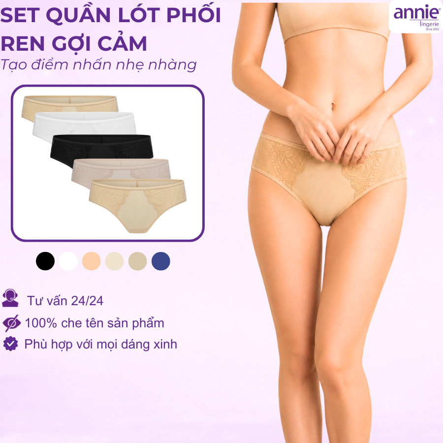 Combo 5 quần lót nữ không viền sau annie QE2179 không vết hằn, co giãn 4 chiều, lưng thấp có ren