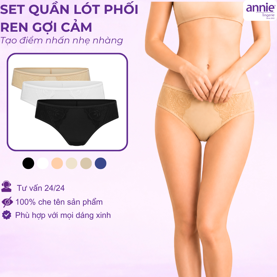 Combo 3 quần lót nữ không viền sau annie QE2179 không vết hằn, co giãn 4 chiều, lưng thấp có ren