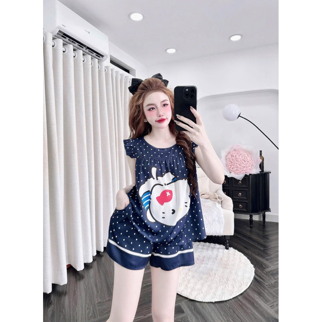 [ Size40-60kg Đồ Ngắn270524 ]Đồ nữ mặc nhà áo tay tiên quần ngắn phối hoạ tiết đáng yêu chất lụa latin cao cấp