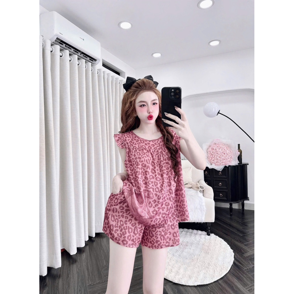 [ Size40-60kg Đồ Ngắn270524 ]Đồ nữ mặc nhà áo tay tiên quần ngắn phối hoạ tiết đáng yêu chất lụa latin cao cấp