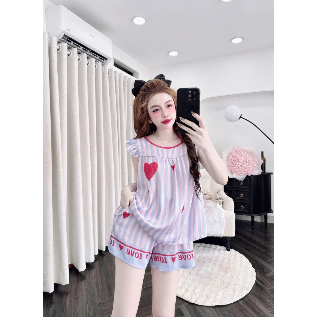 [ Size40-60kg Đồ Ngắn270524 ]Đồ nữ mặc nhà áo tay tiên quần ngắn phối hoạ tiết đáng yêu chất lụa latin cao cấp
