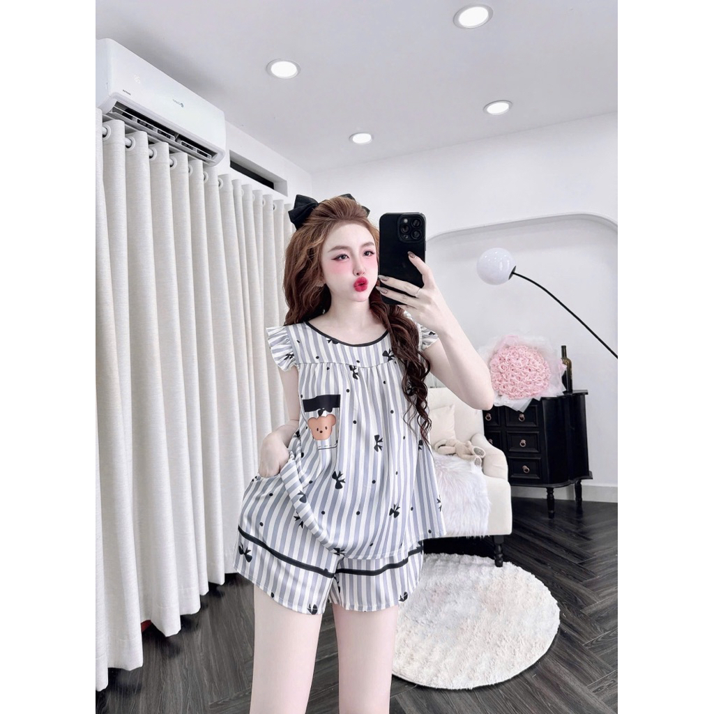 [ Size40-60kg Đồ Ngắn270524 ]Đồ nữ mặc nhà áo tay tiên quần ngắn phối hoạ tiết đáng yêu chất lụa latin cao cấp
