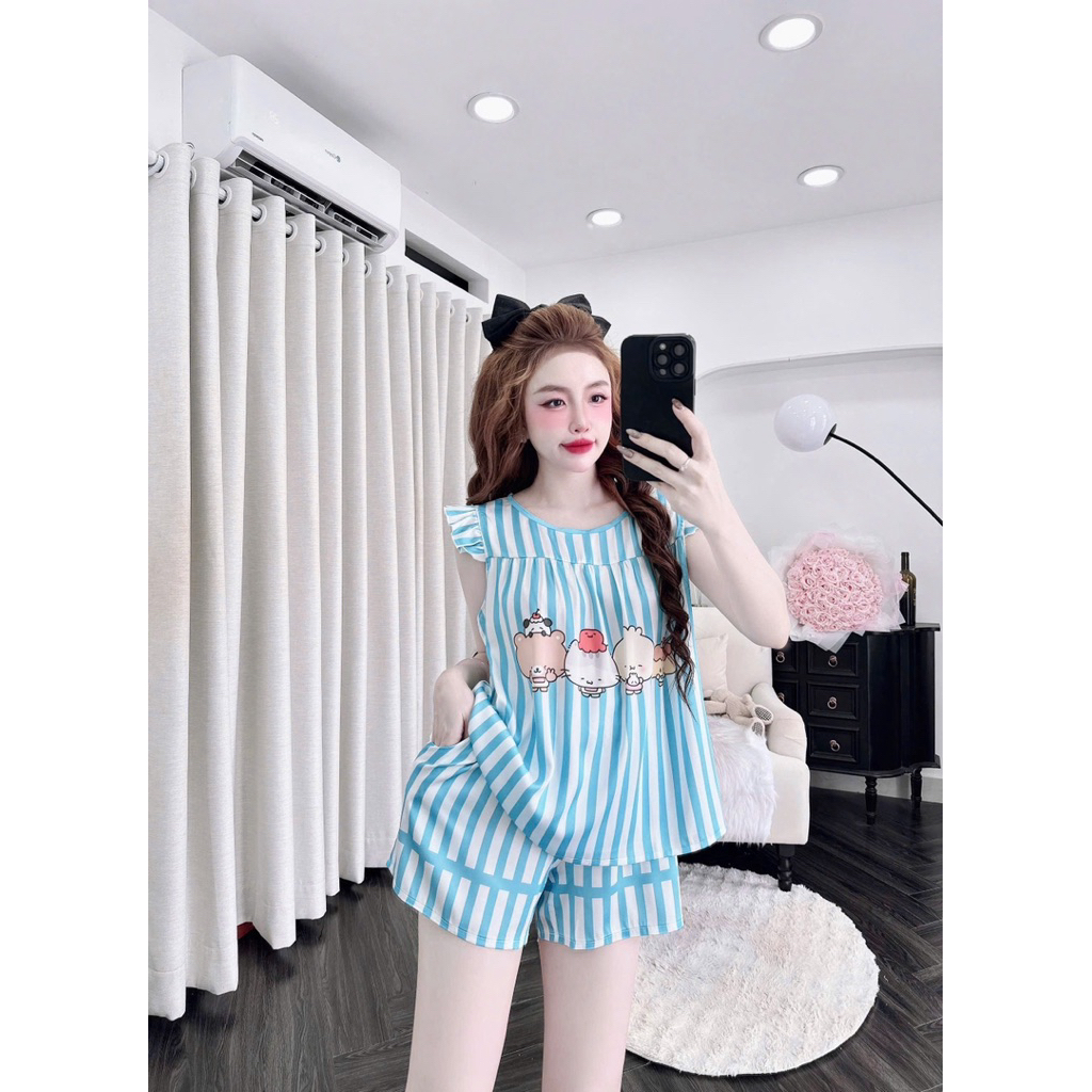 [ Size40-60kg Đồ Ngắn270524 ]Đồ nữ mặc nhà áo tay tiên quần ngắn phối hoạ tiết đáng yêu chất lụa latin cao cấp