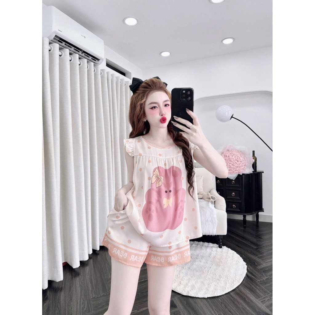 [ Size40-60kg Đồ Ngắn270524 ]Đồ nữ mặc nhà áo tay tiên quần ngắn phối hoạ tiết đáng yêu chất lụa latin cao cấp