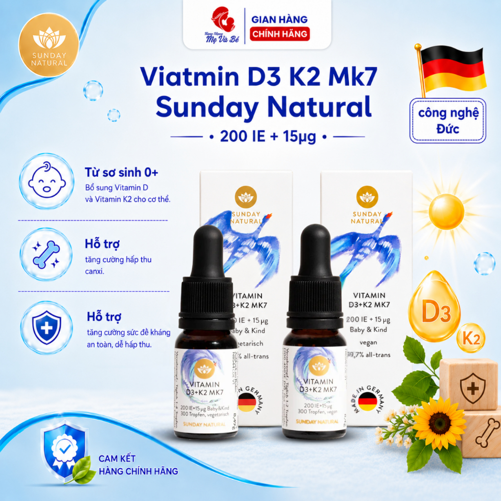 Vitamin D3 K2 Mk7 Sunday Natural Đức giúp bổ sung dinh dưỡng cho trẻ