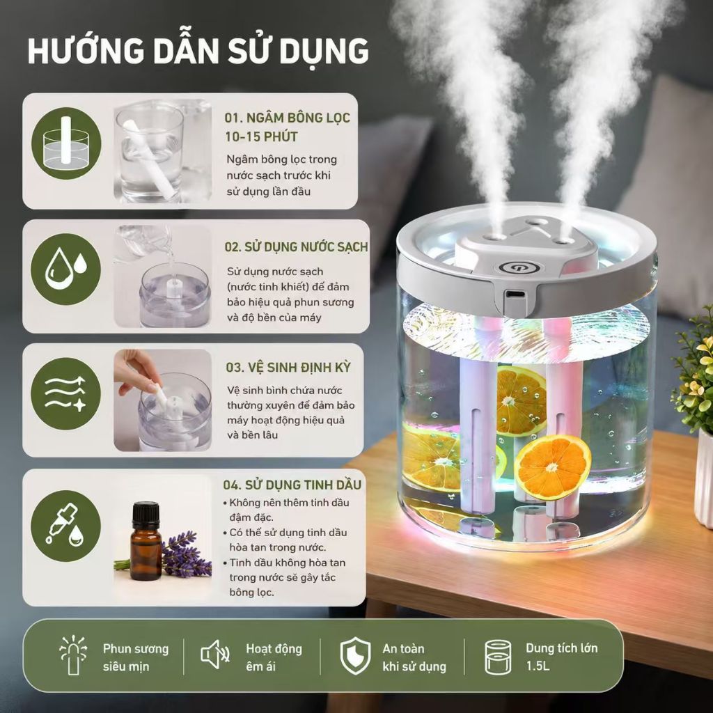 Máy Xông Tinh Dầu Máy Tạo Độ Ẩm Phun Sương Mini 3 Tia 1.5L Siêu Êm USB 5V Để Bàn Gia Đình