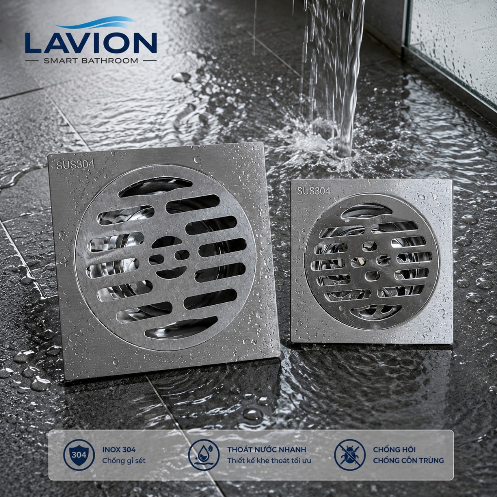 PHỄU THOÁT SÀN INOX 304 CHỐNG HÔI, CHỐNG CÔN TRÙNG – KÍCH THƯỚC 12x12 & 15x15