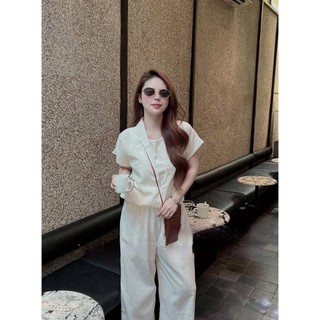 Set bộ sơ mi đũi Loại 1 thiết kế áo cộc tay cổ V bẻ phối áo lót mix quần suông rộng basic trẻ đẹp