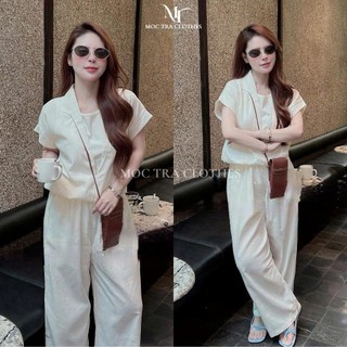 Set bộ sơ mi đũi Loại 1 thiết kế áo cộc tay cổ V bẻ phối áo lót mix quần suông rộng basic trẻ đẹp