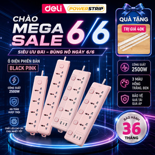 [QUÀ TẶNG] Ổ Cắm Điện Đen Hồng DELI Công Suất 2500W, Ổ Điện Đa Năng Để Bàn Kết Hợp Cổng USB/ TypeC Sạc Nhanh 20W