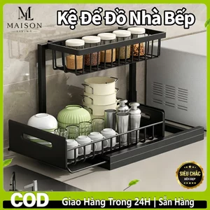 Tận dụng khoảng trống dưới bồn rửa – Giá kéo 2 lớp thép carbon – Đựng nồi, chai, xoong chảo gọn gàng