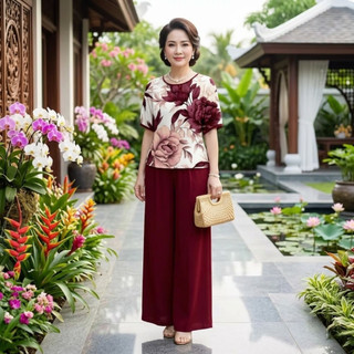 Set Bộ Đồ Trung Niên Cao Cấp Cho Mẹ Form Rộng, Áo Tay Lỡ, Quần Suông Co Giãn Thoải Mái Thoáng Mát - Anh Thư Shop (AT14)