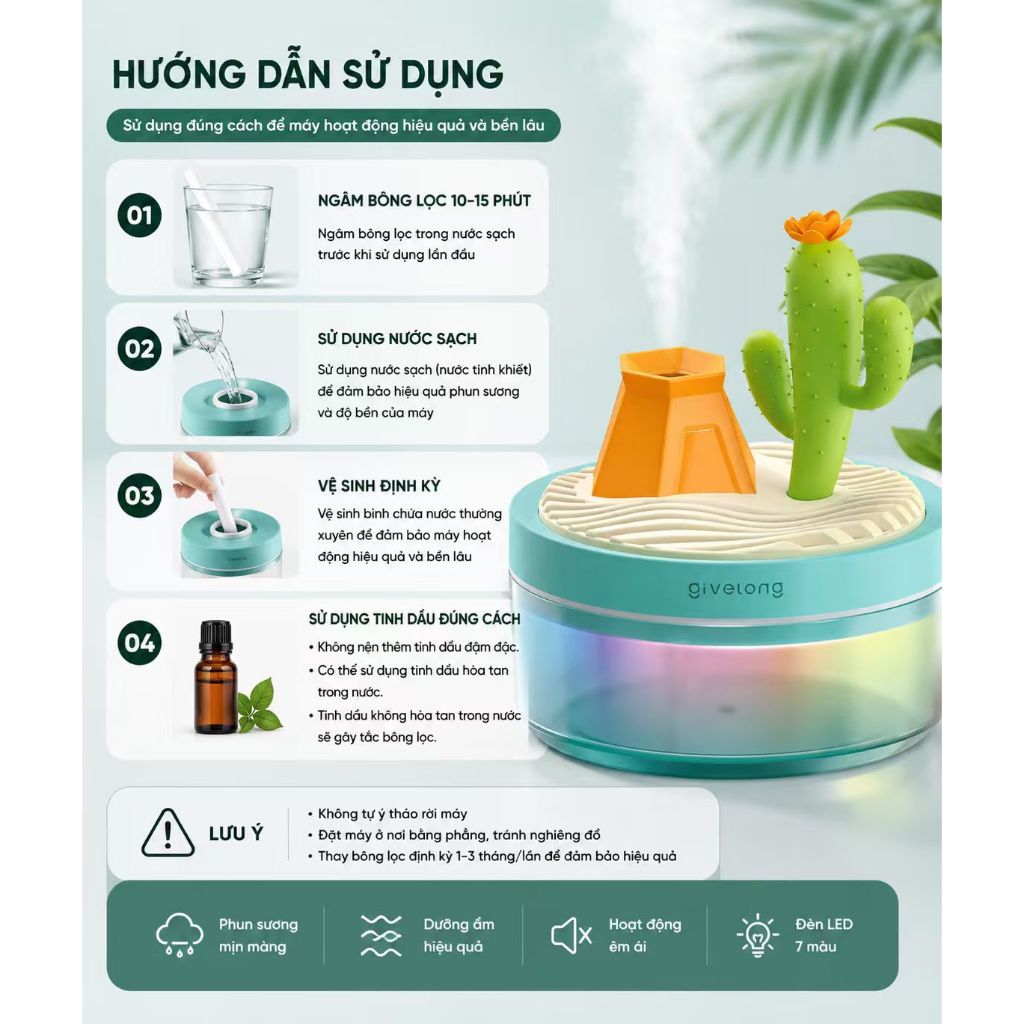 Máy Phun Sương Tạo Ẩm Mini USB｜Đèn Ngủ LED 7 Màu｜Xương Rồng, Hoa Anh Đào｜Decor Phòng Ngủ