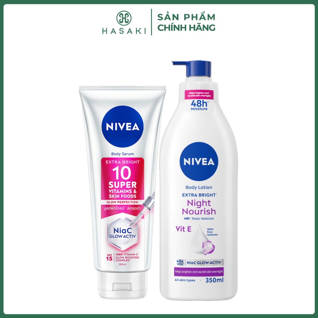 Combo Nivea Serum Dưỡng Thể Sáng Da, Mờ Thâm 300ml + Sữa Dưỡng Thể Sáng Da Ban Đêm 350ml