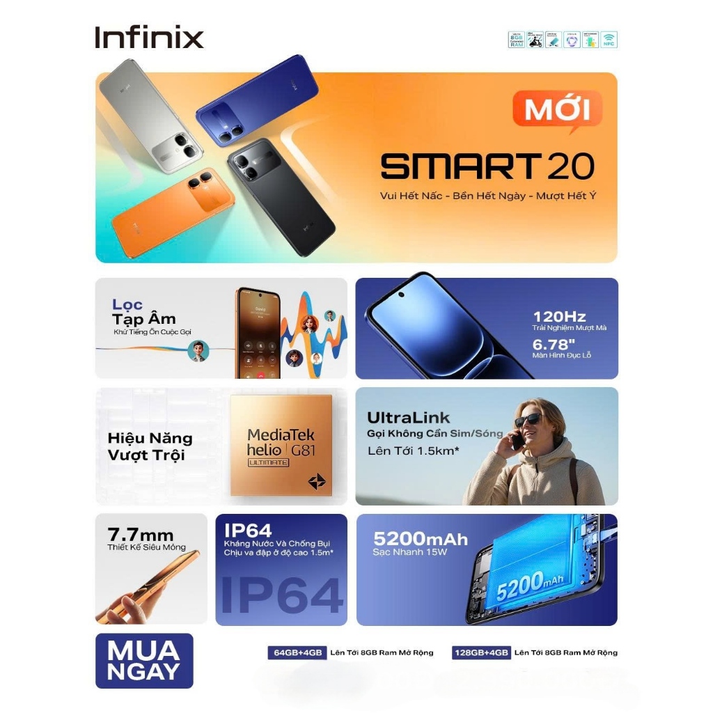 Điện thoại Infinix SMART 20 (4+4GB/128GB) | Màn hình 120Hz | Helio G81 Ultimate | Pin 5200mAh | BH 12T