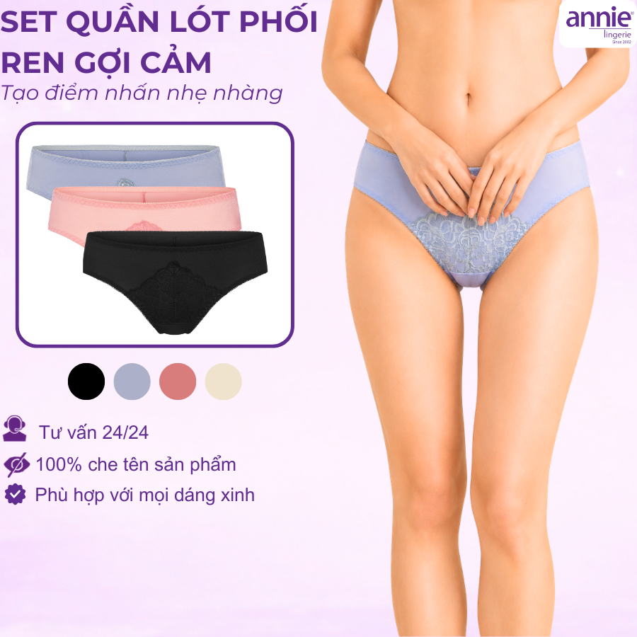 Combo 3 quần lót nữ phối ren annie QE 2177 không vết hằn,co giãn 4 chiều,lưng thấp,thoáng mát