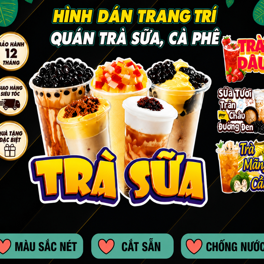 Decal Trang Trí Quán Cafe Hình Ly Trà Sữa và Trà Trái Cây 🌈 Miễn Phí Vận Chuyển Decal Dán Tường Đẹp mắt
