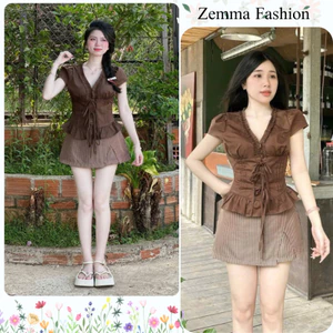 Set bộ nữ đi chơi áo kiểu corset bèo phối chân váy ngắn xếp ly sọc tăm vải thô mềm phong cách Hàn Quốc HCOM27450