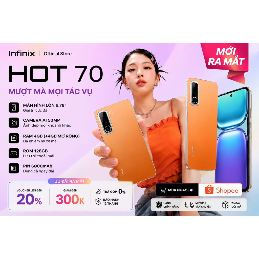 [CHÍNH HÃNG] Infinix HOT 70 (4+4GB/128GB) điện thoại - Màn Hình Lớn, Pin Bền, Hiệu Năng Mượt Bộ Nhớ Lớn, Bảo Hà