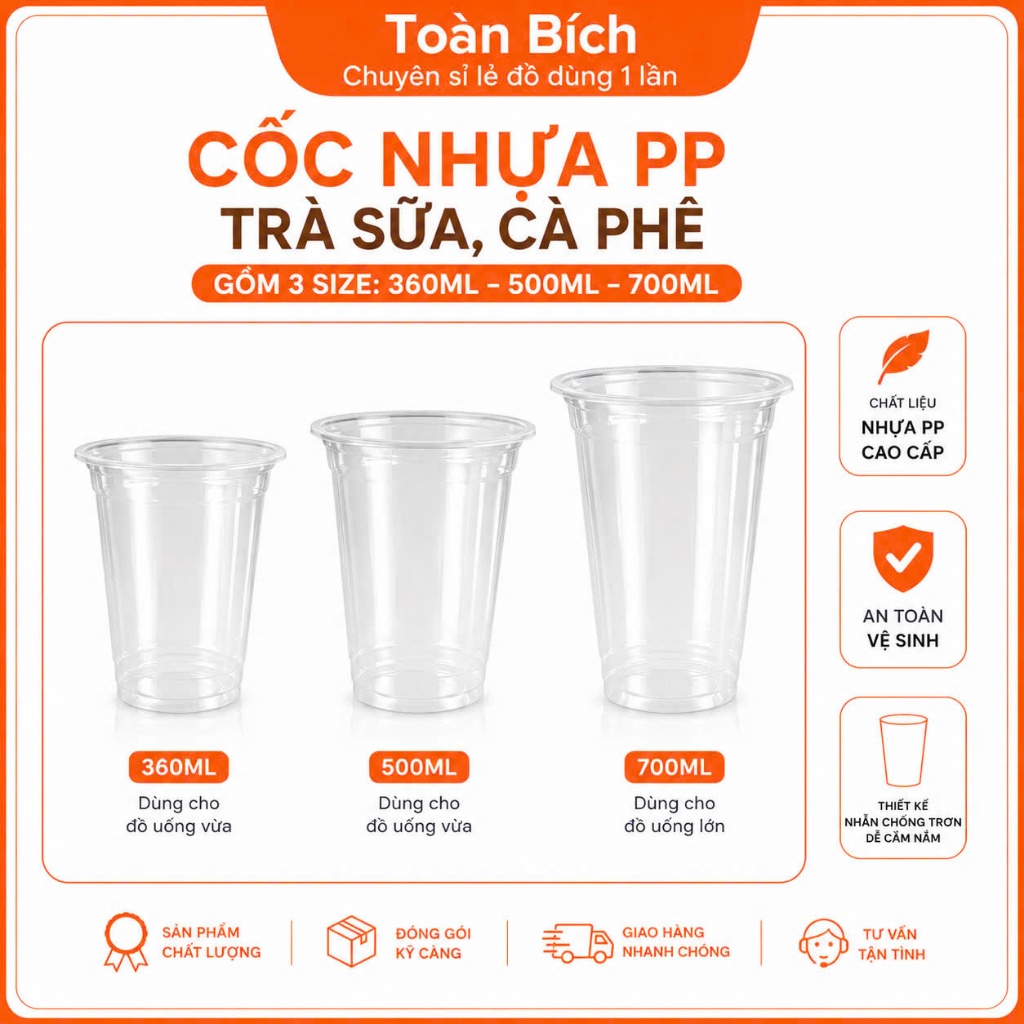 Set 50 Ly Nhựa PP Đế Bằng Cao Cấp, Dung Tích 360ml, 500ml, 700ml Đủ Kích Thước