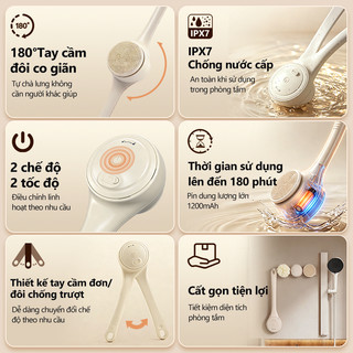 Bàn chải tắm điện tự động  cán kép co giãn180° Kèm móc treo dễ cất giữ Bàn Chải Cọ Lưng điện Cầm Tay