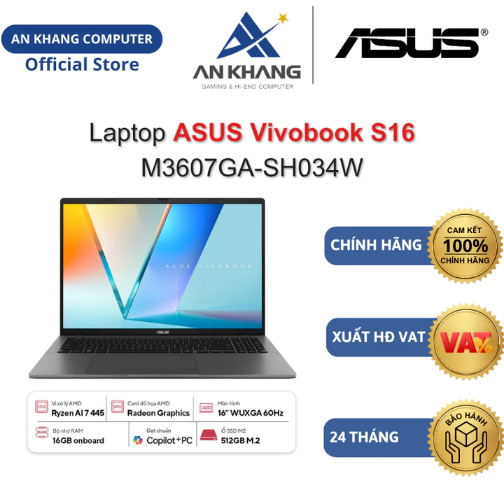 Laptop ASUS Vivobook S16 M3607GA-SH034W (RYZEN AI 7 445/ 16GD5/ 512GSSD/ 16.0_OLED/ Win 11) Chính hãng BH 24 Tháng