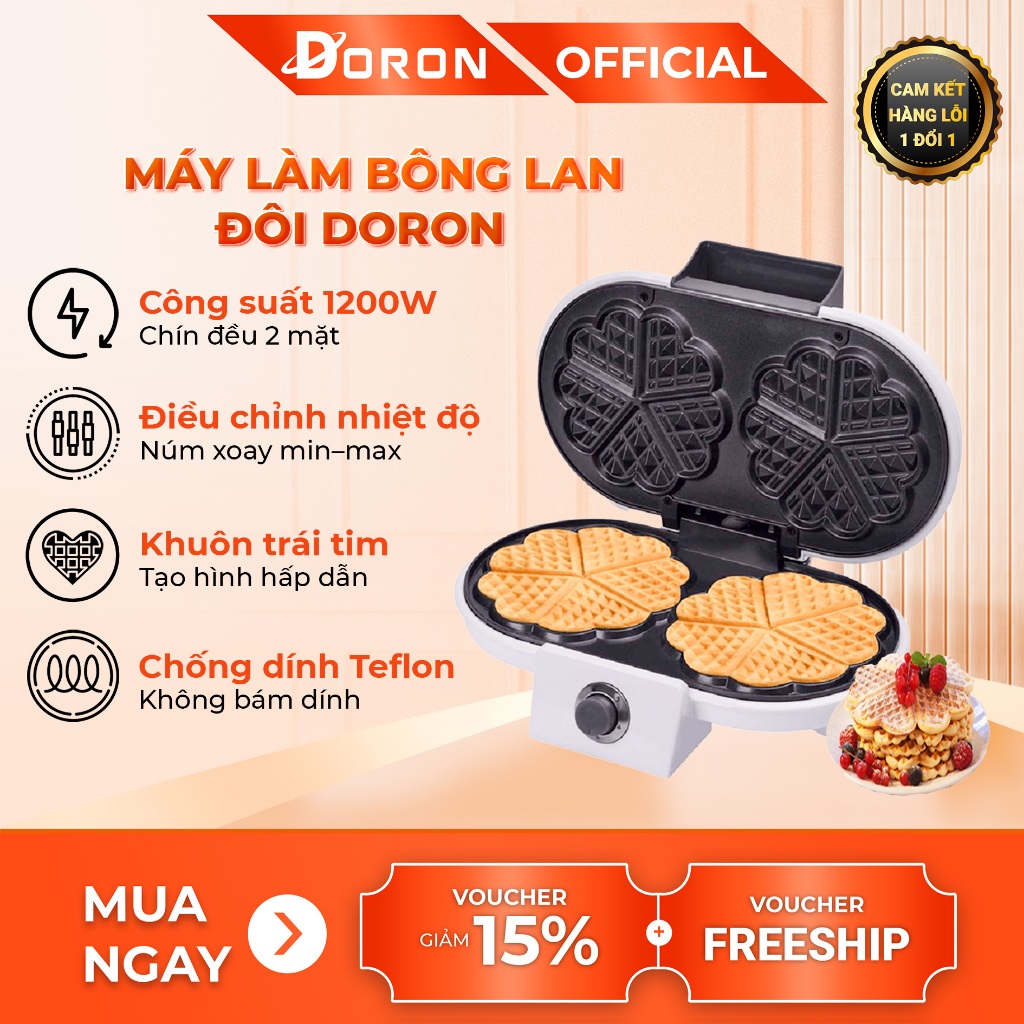 Máy nướng bánh bông lan, waffle DORON 1200W gia nhiệt kép