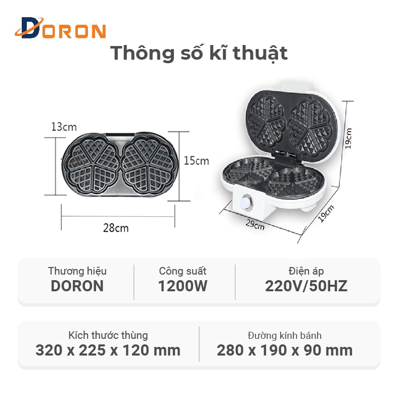 Máy nướng bánh bông lan, waffle DORON 1200W gia nhiệt kép