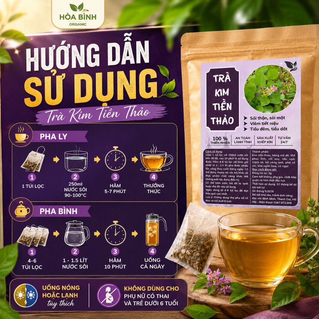 HÒA BÌNH ORGANIC - Trà Túi Lọc Kim Tiền Thảo - Lợi tiểu, tiêu viêm, thanh lọc sỏi thận - Bịch 50 lọc