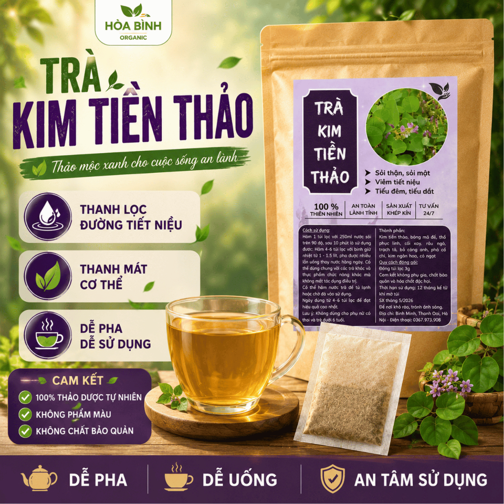 HÒA BÌNH ORGANIC - Trà Túi Lọc Kim Tiền Thảo - Lợi tiểu, tiêu viêm, thanh lọc sỏi thận - Bịch 50 lọc