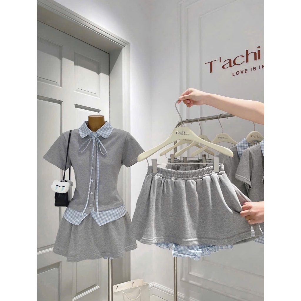 SET ÁO SƠ MI CỔ CARO PHỐI CHÂN VÁY NỈ, SET ĐỒ NỮ HỌC SINH TIỂU THƯ DỄ THƯƠNG ĐI CHƠI  | MEOINDAHOUSE
