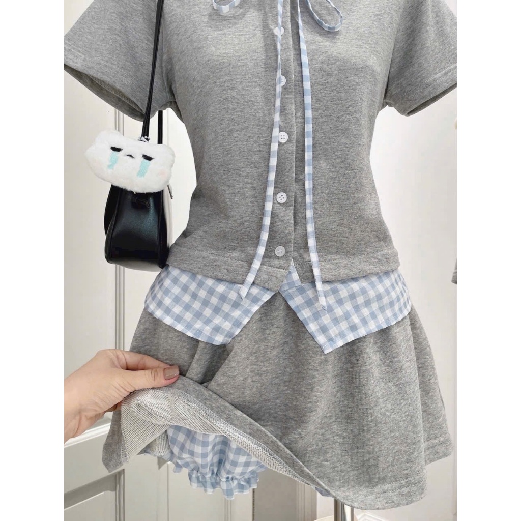 SET ÁO SƠ MI CỔ CARO PHỐI CHÂN VÁY NỈ, SET ĐỒ NỮ HỌC SINH TIỂU THƯ DỄ THƯƠNG ĐI CHƠI  | MEOINDAHOUSE