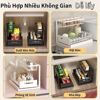 Tận dụng khoảng trống chết dưới bồn rửa bếp – Giá kéo 2 lớp thép carbon，tiết kiệm diện tích