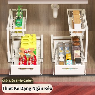 Tận dụng khoảng trống chết dưới bồn rửa bếp – Giá kéo 2 lớp thép carbon，tiết kiệm diện tích