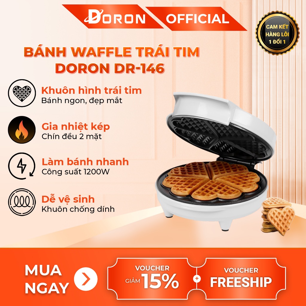 Máy làm bánh waffle DORON 1200W điều chỉnh 50 - 250 độ, làm nóng nhanh