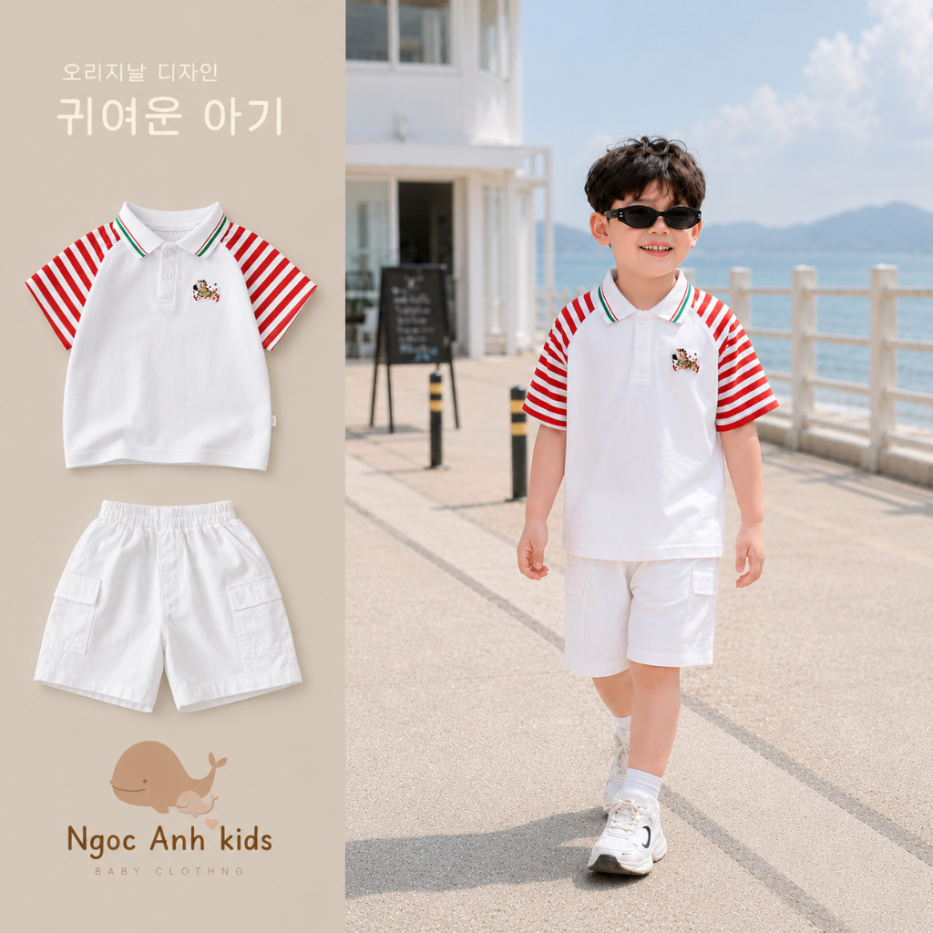 Bộ polo thêu ngựa sắc màu cho bé trai, set áo polo phối quần kaki bảnh bao cho bé
