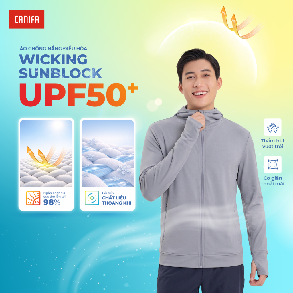 Áo khoác chống nắng nam CANIFA chất nỉ thoáng khí thấm hút tốt, chống 98% UV 8OT26S004