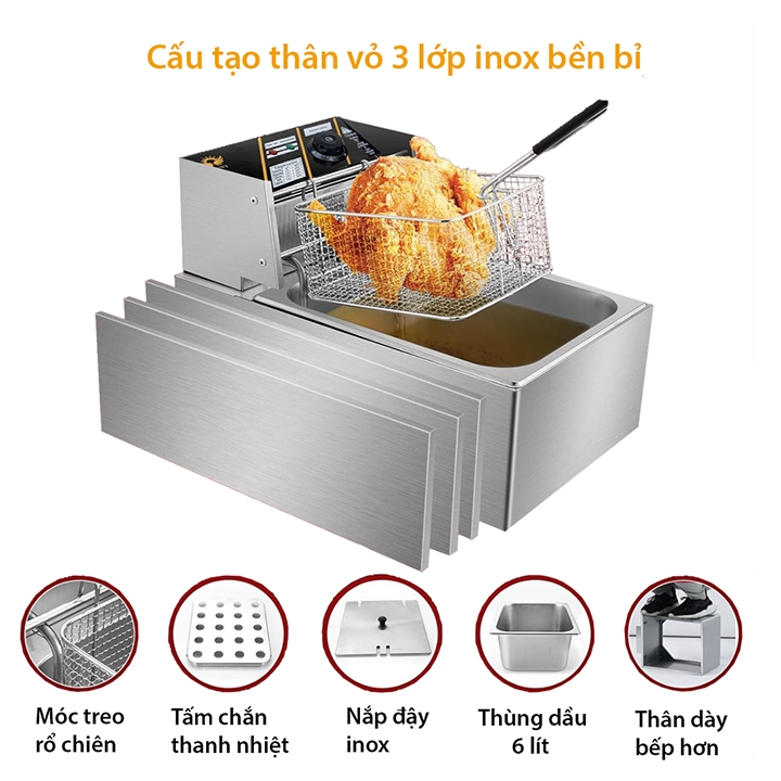 Bếp chiên nhúng điện, ngập dầu DORON 2500W đa năng chiên gà rán, đồ ăn nhanh