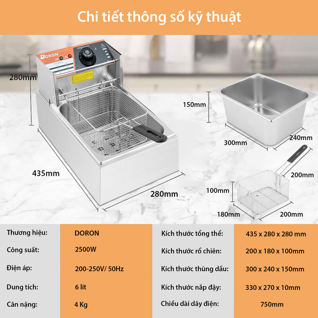 Bếp chiên nhúng điện, ngập dầu DORON 2500W đa năng chiên gà rán, đồ ăn nhanh