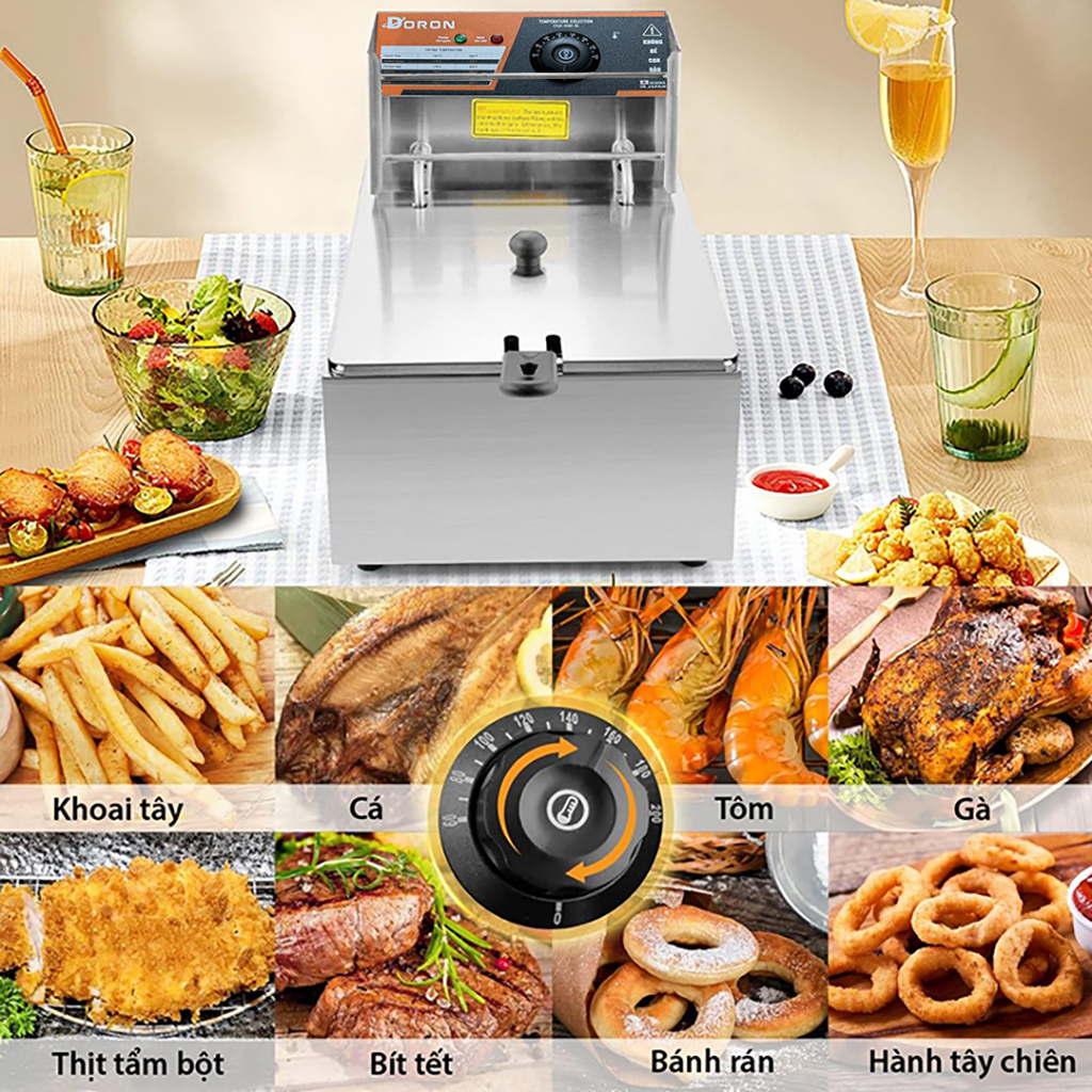 Bếp chiên nhúng điện, ngập dầu DORON 2500W đa năng chiên gà rán, đồ ăn nhanh