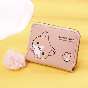 Ví nữ mini da PU kèm móc bông xinh xắn in hình cún con MUNSTORE VHO306