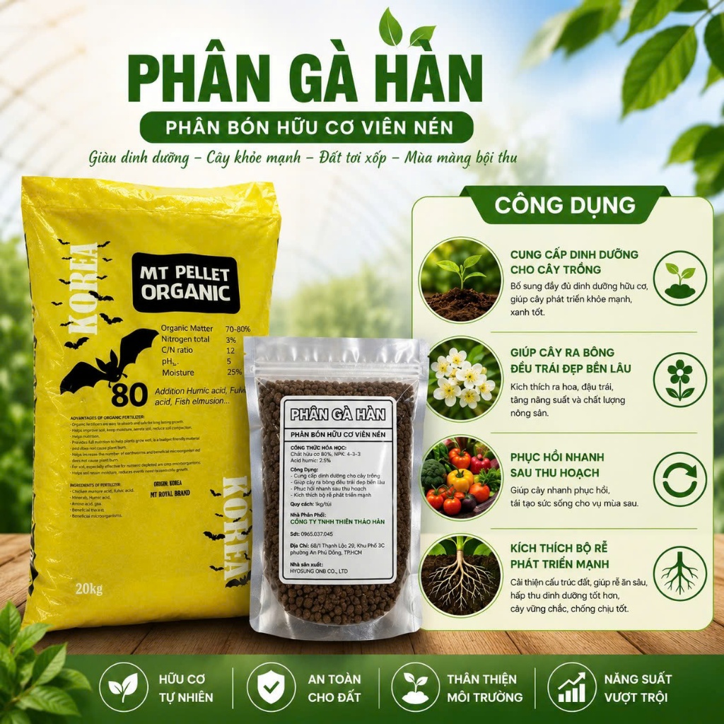 Phân gà hữu cơ Hàn Quốc dạng viên nén, thích hợp sử dụng cho cây trồng, rau, củ, quả.(Túi 1kg)