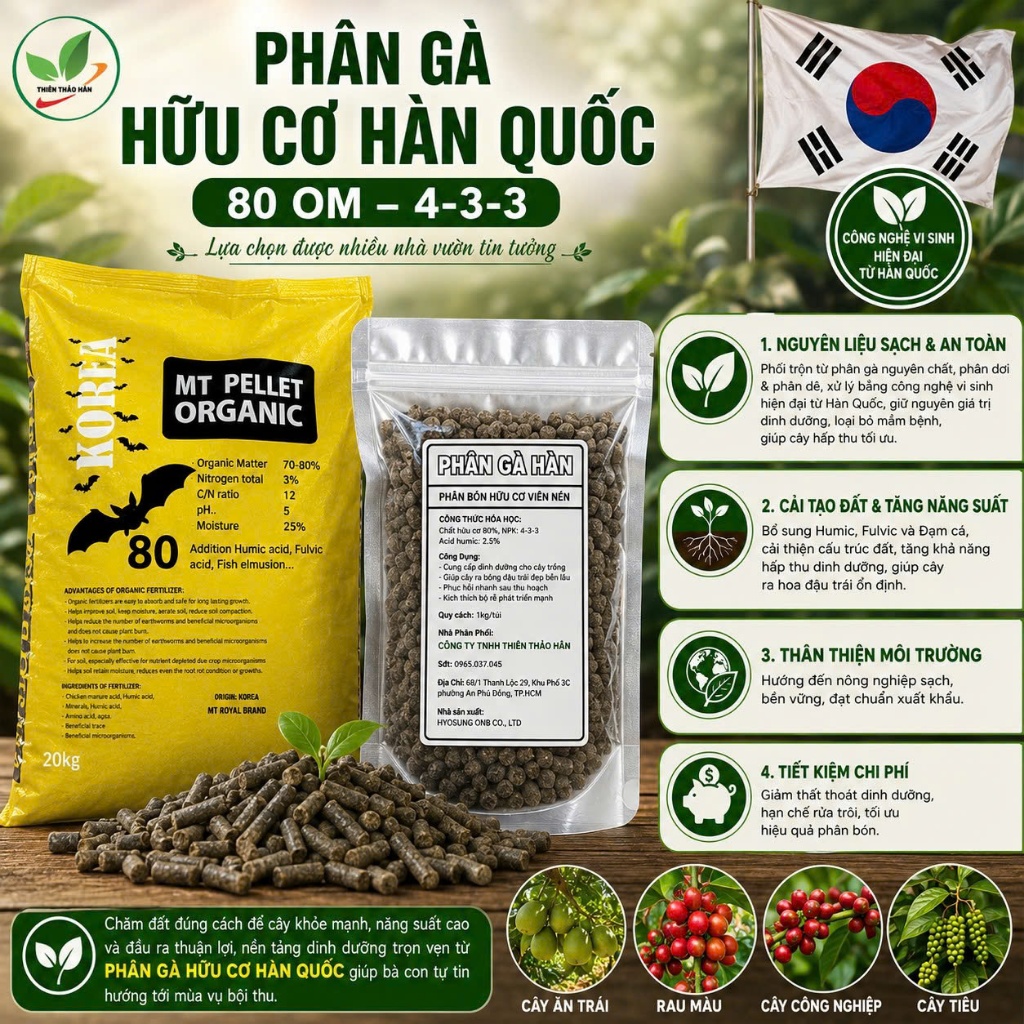 Phân gà hữu cơ Hàn Quốc dạng viên nén, thích hợp sử dụng cho cây trồng, rau, củ, quả.(Túi 1kg)