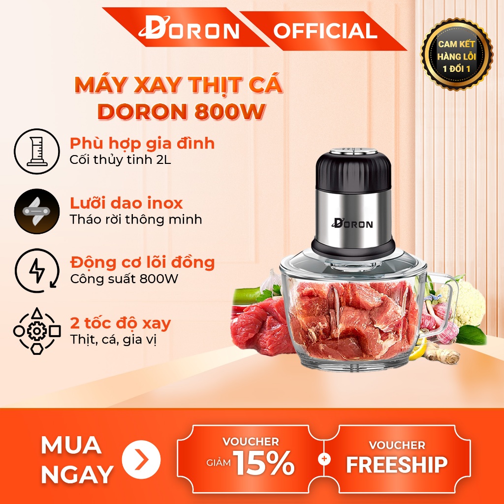 Máy xay thịt cối thủy tinh DORON_176, 800W dung tích 2l xay thịt cá