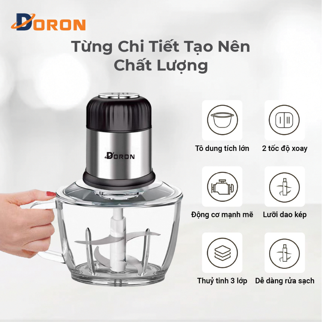 Máy xay thịt cối thủy tinh DORON_176, 800W dung tích 2l xay thịt cá