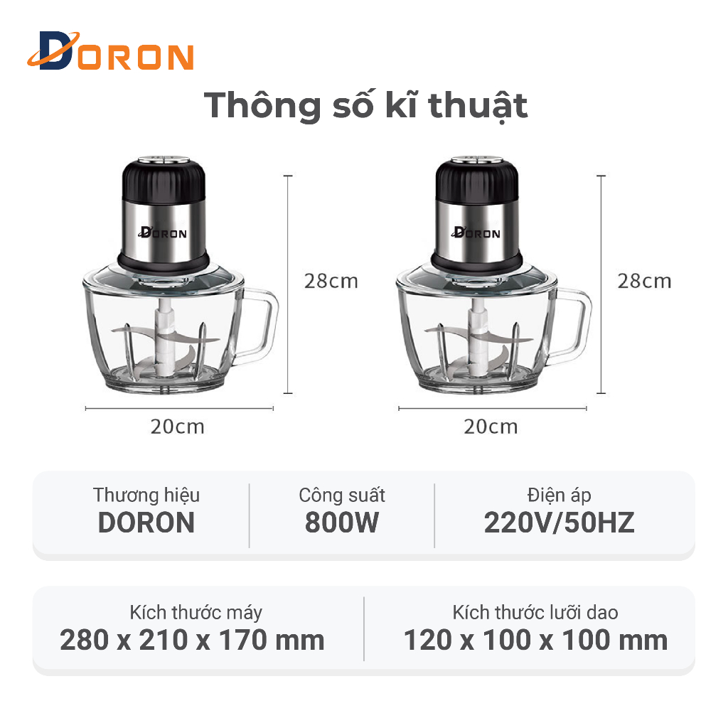 Máy xay thịt cối thủy tinh DORON_176, 800W dung tích 2l xay thịt cá