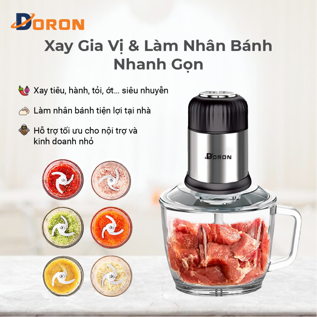 Máy xay thịt cối thủy tinh DORON_176, 800W dung tích 2l xay thịt cá