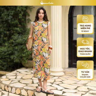 SWANLAKE | Váy Đầm Nữ Suông Maxi Sát Nách Xẻ Tà Cổ Tròn Thun In Hoạ Tiết Hè Vải Linen Công Sở D12632