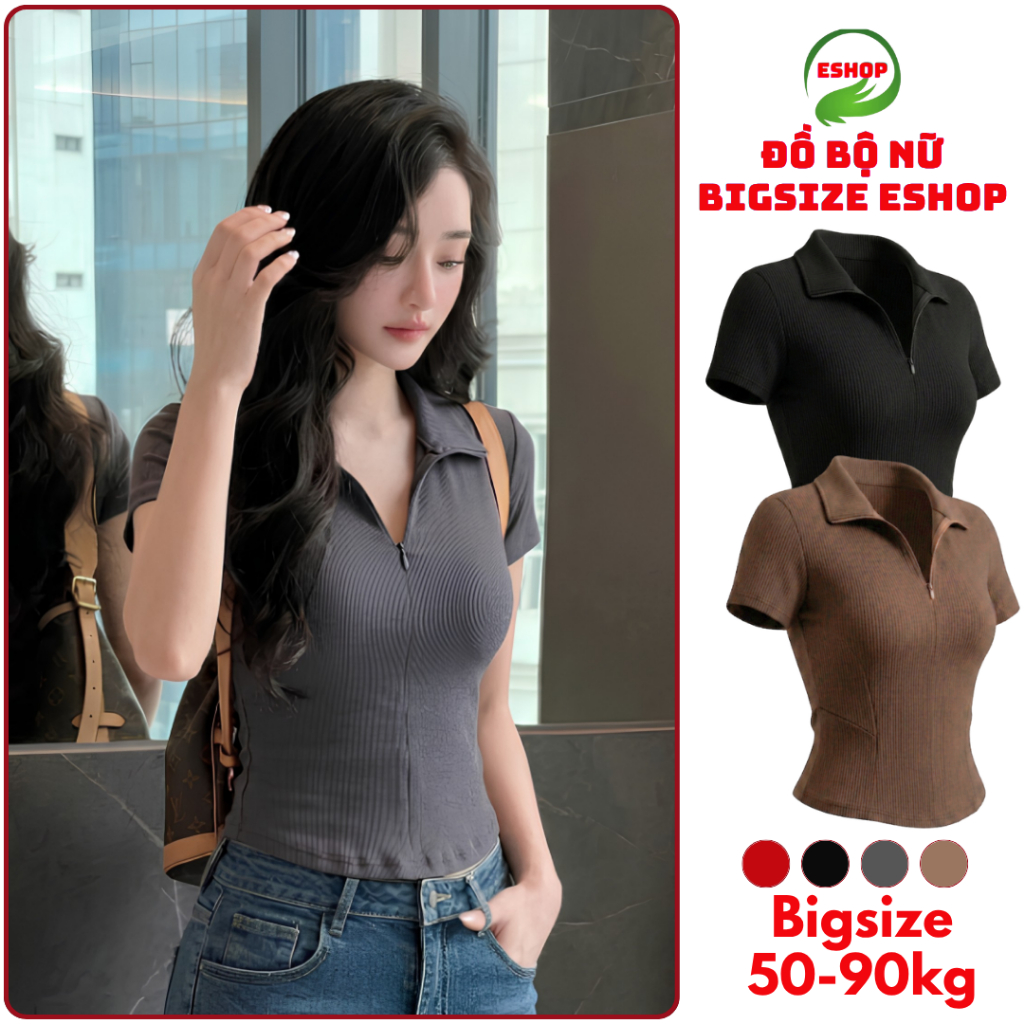 Áo thun nữ bigsize tay ngắn dây kéo có cổ polo ESHOP áo phong nữ bassic ôm body co giãn MS270